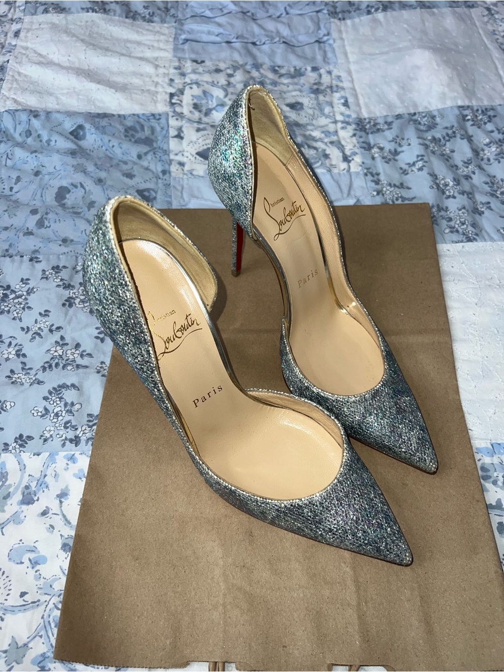 Christian Louboutin Glitter Pointed-Toe Pumps in Silver-Blue